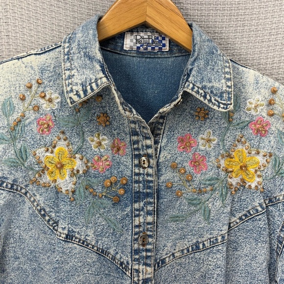 Vtg Pretty Bleu 80's 90's Denim Acid Wash Bedazzled Floral Button Women Top Med - Picture 2 of 9